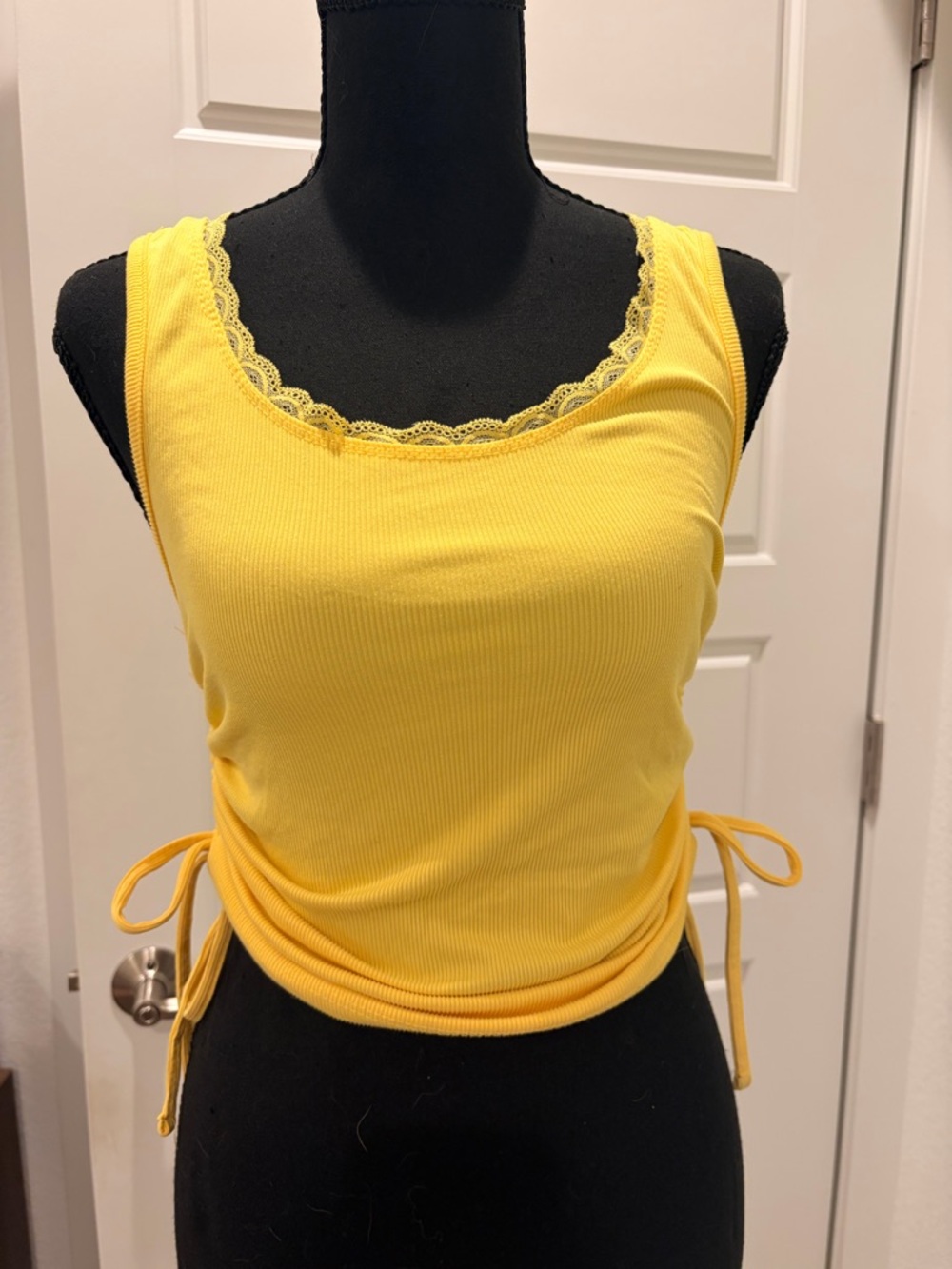 Yellow Lace-Trim Ribbed Tank Top - Women's Casual Summer Top